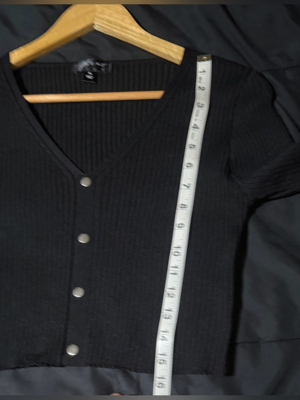 Say What? Black Ribbed V-Neck Button-Front Long Sleeve Crop Top - Picture 6 of 6